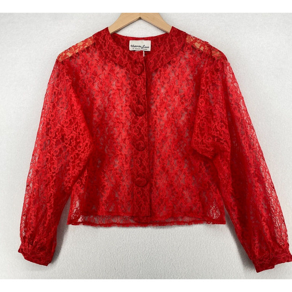 VICTORIA LANE BONNIE GOLDMAN Top S Sheer Lace Floral Button Up Long Sleeve Red - Picture 1 of 12